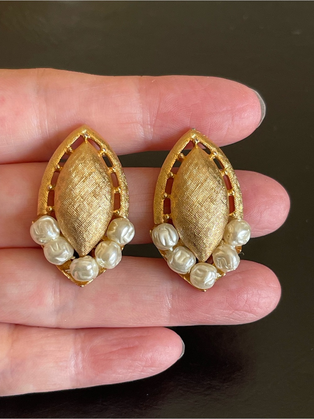 Vintage matte gold and faux pearl clip on Earrings.
